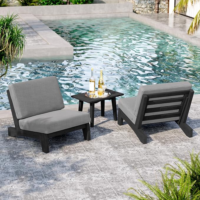 7 Pieces All Weather Black Wood Patio Furniture Sets, 2 Patio Loveseat, 4 Patio Bistro Chair, Outdoor Sectional Sofa Furniture Backyard Conversation Set with Coffee Table - Gray