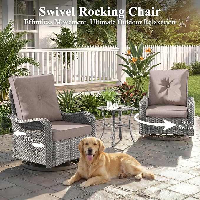 10 Piece Wicker Patio Furniture Set with 55,000 BTU Fire Pit Table, Swivel Rocking Chairs, 4''Cushions, PE Rattan, Wind Guard Glass, for Backyard, Deck or Balcony, Beige