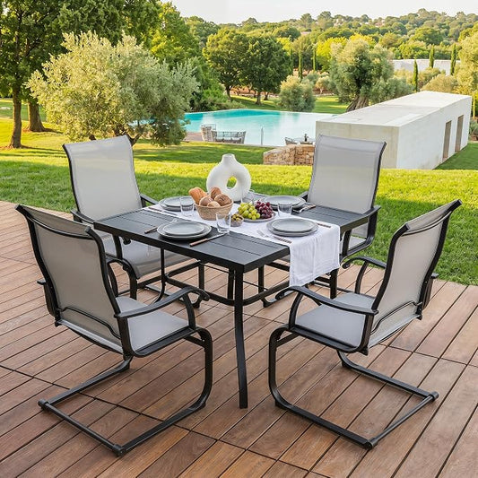 NUU GARDEN 5 Piece Patio Dining Set for 4 with C-Spring Chairs | Square table with umbrella hole and 4 breathable Textilene chairs featuring gentle C-spring motion and high-back support.