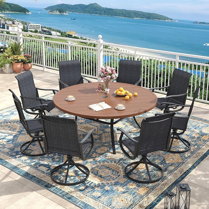 Outdoor Dining Set for 8, 60" Metal Round Outdoor Dining Table with Umbrella Hole and Sling Patio Swivel Chairs, 9 Pieces Patio Table and Chairs Set for Garden Backyard, Charcoal and Walnut