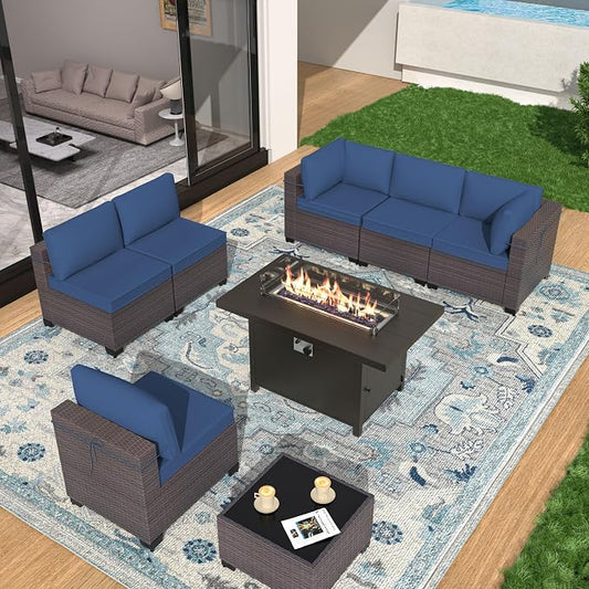 Patio Furniture Set with Aluminum Fire Pit Table 8 Pieces Outdoor Sectional Sofa Set,PE Rattan Wicker Patio Conversation Set w/43in 55000 BTU Propane Fire Pit Table,NavyBlue