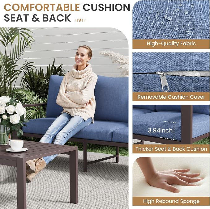 Aluminum Patio Conversation Set All-Weather Outdoor Furniture 5-Piece Sectional Sofa with 4" Cushions, Modular Patio Set for Porch Poolside Deck Yard