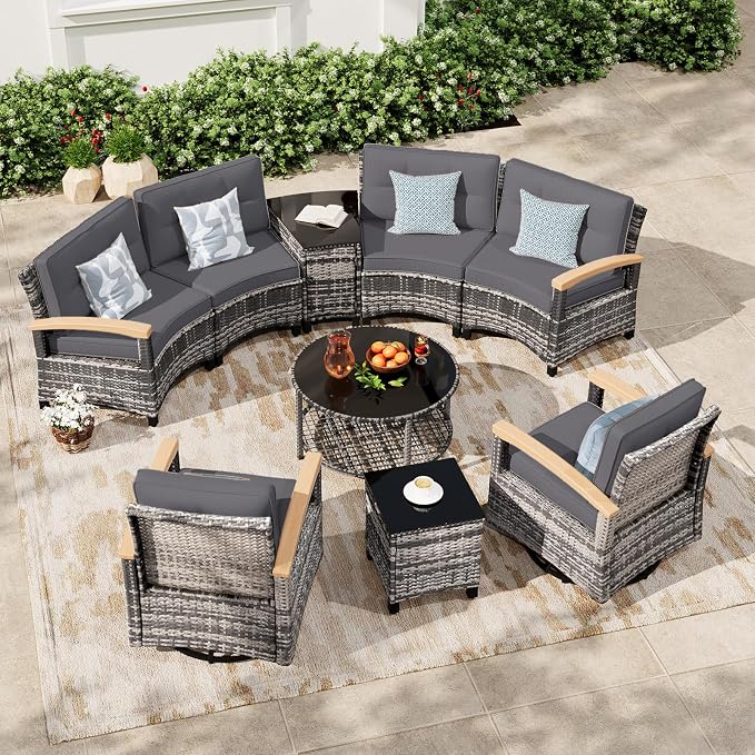 MEISSALIVVE 9-Piece Half-Moon Curved Outdoor Patio Furniture Set, Sectional Conversation Sofa with 2 Swivel Glider Chairs, Coffee & Side Tables for Backyard Deck Garden, Grey