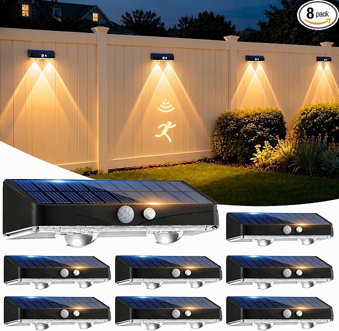 kolpop Warm White Solar Fence Lights Outdoor,8 Pack Fence Lights Solar Powered with Motion Sensor,IP65 Waterproof,3 Modes LED Solar Lights for Patio,Backyard,Railing,Wall,Nighttime,Party,Pool