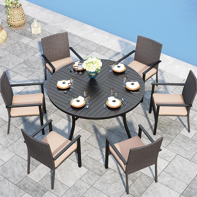 Sophia & William 7-Piece Patio Dining Set, Round Table, PE Wicker Chairs | All Weather Patio Table and Chairs Set for 6, Perfect for backyard, deck, porch