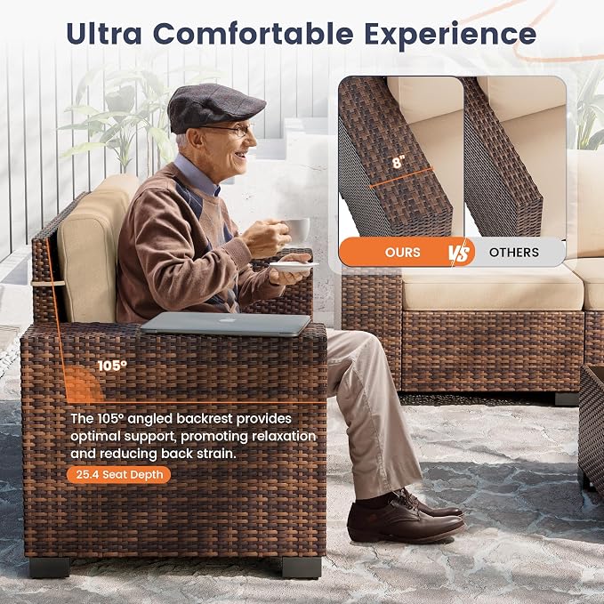 UDPATIO Patio Furniture Set with Fire Pit Table, 8 Inch Armrest 7 Piece Outdoor Sectional Sofas, All-Weather Wicker Conversation for Garden, Backyard, Brown/Khaki