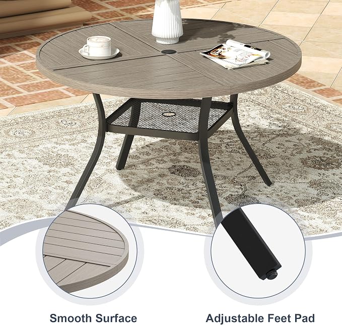 VICLLAX 47.2" Round Patio Dining Table for 4-6, All Weather Metal Outdoor Table with 1.57" Umbrella Hole and Storage Shelf for Garden Lawn Deck, Grey