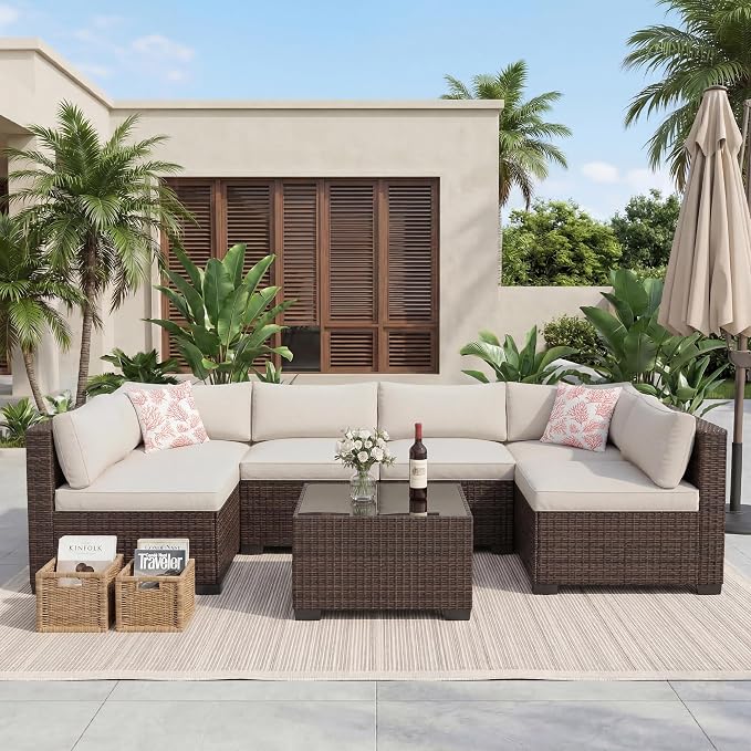 Litake 7 Piece Patio Furniture Sets, Iron Frame with Gradient Wicker, Soft Cushions, Modular Outdoor Conversation Furniture for Garden, Backyard & Patio