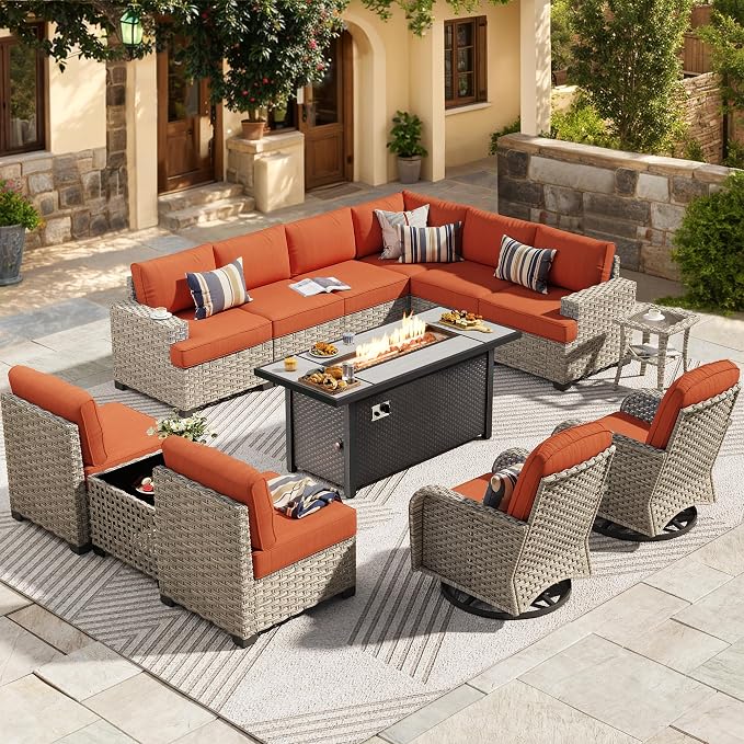 HOOOWOOO Outdoor Sectional Patio Furniture Set with Fire Pit Table,13 Pieces Wicker Conversation Sets L Shaped Couch,Extra Deep Out Door Sofa Outside Furniture with Swivel Rocking Chairs,Brick Red