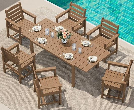 SERWALL 60" - 83" Expandable Outdoor Dining Table and 6 HDPE Chairs, Brown | Outdoor Dining Set for 6, All Weather Aluminum and HDPE Outdoor Furniture Set, Extendable Patio Dining Table