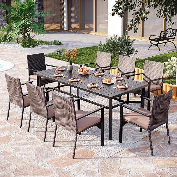 PHI VILLA 9 Piece Patio Dining Set, 83" Rectangular Table, Rattan Chairs | Outdoor Dining Set for 8, Metal Dining Table with Umbrella Hole, Large Outdoor Dining Table Set for Patio, Deck, Porch