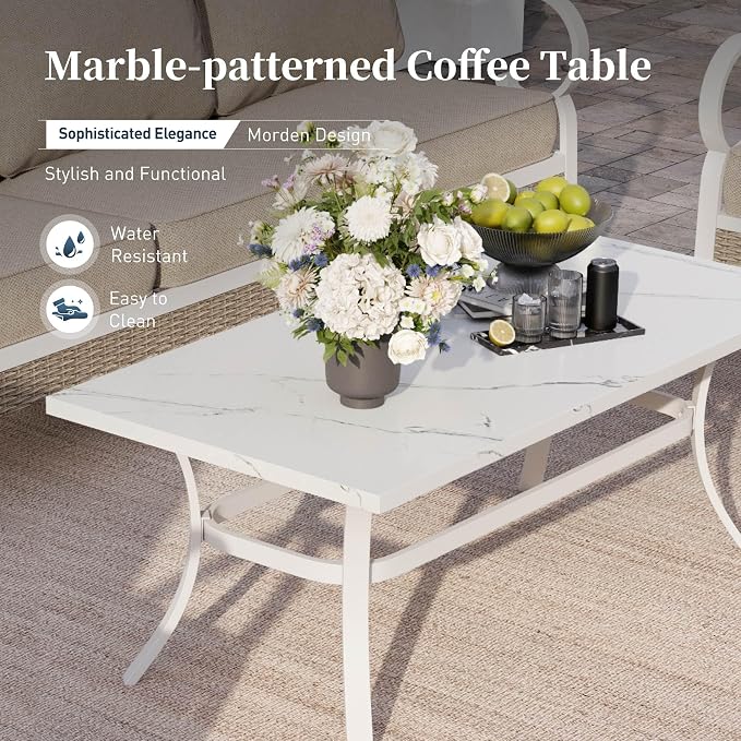 SUNSHINE VALLEY 6 Piece Metal Outdoor Patio Furniture Set, Patio Conversation Sets 1 3-seater Sofa, 4 Single Sofa with 5.75" Extra Thick Cushion and Coffee Table, White Frame Backyard Furniture, Beige