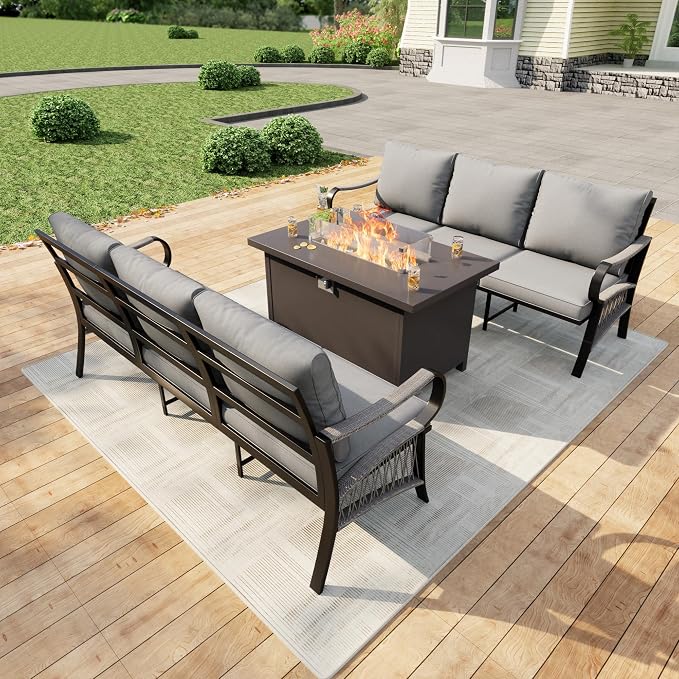 3 Pieces Patio Conversation Sets, All Weather Metal Outdoor Furniture Set 2 Three-Seater Sofas with Fire Pit Table for Backyard Garden Deck Porch Poolside, Gray