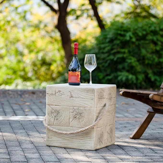 IRONORA Rustic Square Wood-Grain Outdoor Side Table with Rope Handle, Weathered Whitewashed Accent Table, Farmhouse Patio End Table for Backyard Garden