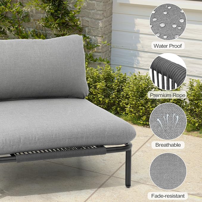 Patio Furniture Set, Outdoor Patio Furniture Oversized Metal Single Sofa, 2-seat Conversation Set with Cushion for Indoor and Outdoor, Black Frame and Dark Grey Mat (2 Seats 2 Armrests)