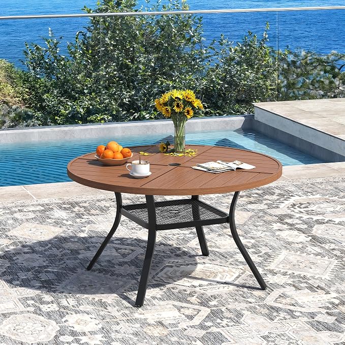 DIFY 5 Piece Outdoor Patio Dining Set for 4, 40.6" Round Dining Table with Umbrella Hole and Stackable Metal Chairs, Patio Table and Chairs Set for Backyard Garden Poolside, Walnut & Black