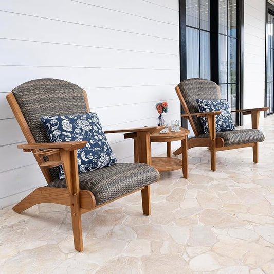 Cambridge Casual Camden Teak Wood Padded Woven Seat Patio Adirondack Conversation Set of 3, Chat Set with 2 Adirondack Chairs and Side Table, Free Patio Cover, Weather-Resistant