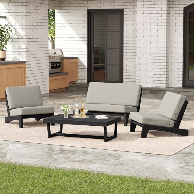 4 Pieces Patio Furniture Sets, All-Weather Outdoor Wood Bistro Set Patio Conversation Coffee Table Chiars and Patio Loveseat for Balcony, Backyard