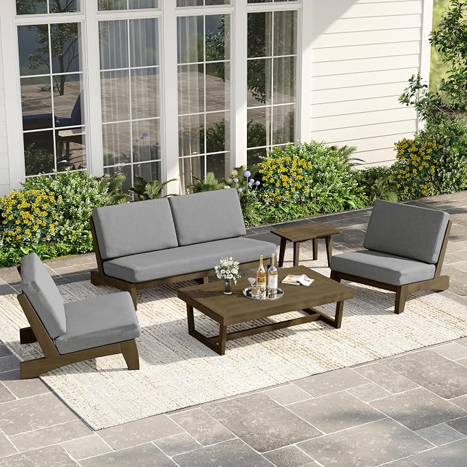 4 Piece Wood Outdoor Patio Frutnire Set, 5 Seater Patio Conversation Sets with Thick Cushions, Outdoor Sectional Furniture with Coffee Table - Gray