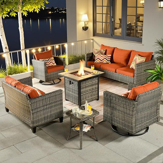 ovios 6 Pieces Patio Furniture Set with Square Fire Pit Table, Swivel Rocking Chairs, Loveseat, Outdoor High Back Wicker Rattan Conversation Set for Deck Porch, Orange Red