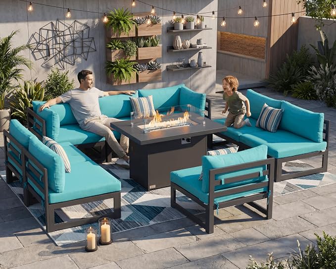 RADIATA 8 Person Modern Aluminum Outdoor Patio Furniture Set with Fireplace, 29 inch Wide Deep Seating, Fade Resistant L-Shaped Sectional Couch, Plus Size Conversation Set for Backyard Terrace, Teal