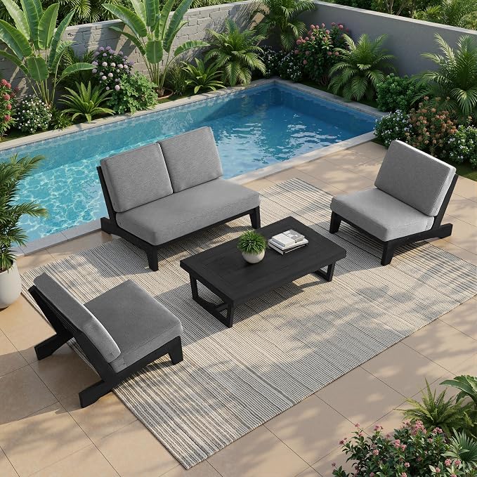 All Weather Patio Furniture Sets, 4 Pieces Black Wood Outdoor Sectional Futniture Patio Sofa Chair Backyard Conversation Set with Solid Wooden Coffee Table - Light Gray