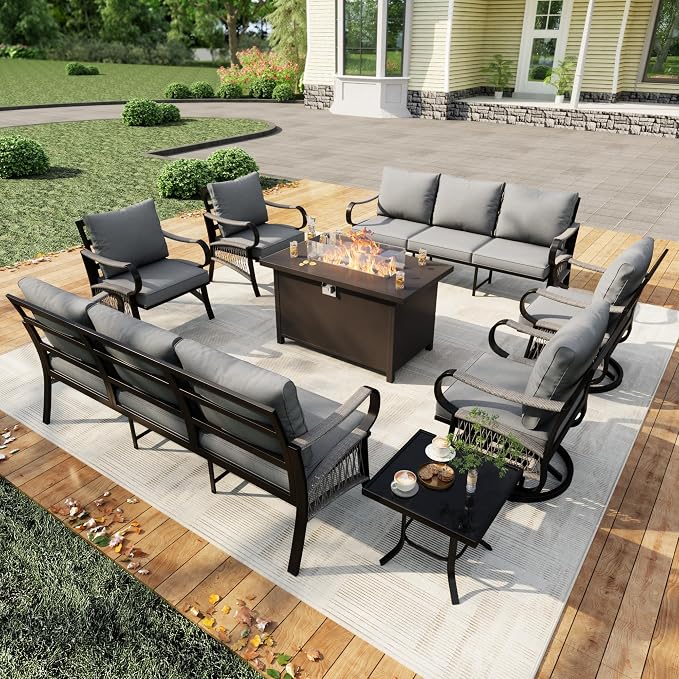 8 Pieces Patio Conversation Sets, All Weather Metal Outdoor Furniture Set 2 Three-Seater 2 Single Chairs 2 Swivel Rockers with Side Table and Fire Pit Table for Backyard Garden Deck Porch, Gray