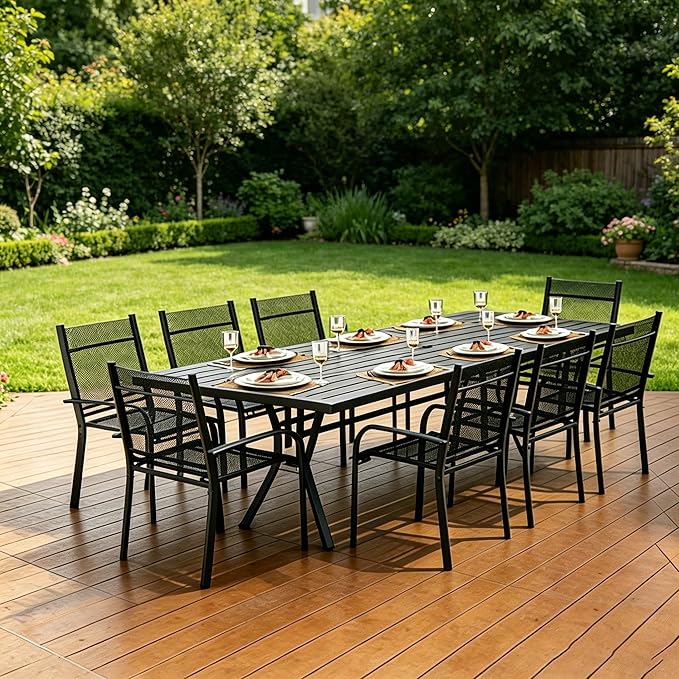 9 Pieces Outdoor Dining Table 76"x36"+ 8 Patio Dining Chair Set, Rectangle Patio Dining Table and Chairs with Stable Metal Frame for Garden, Backyard, Umbrella Hole Design, Suitable for 8 People