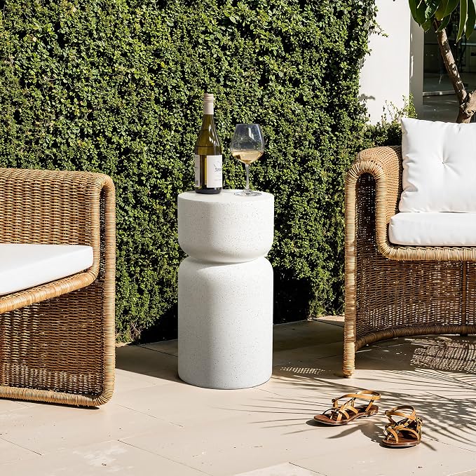 LuxenHome Outdoor Side Table, 21'' White with Gray Flecks Pillar Round Concrete Accent End Table, Garden Stool for Patio, Yard, Indoor Outdoor Coffee Furniture for Living Room
