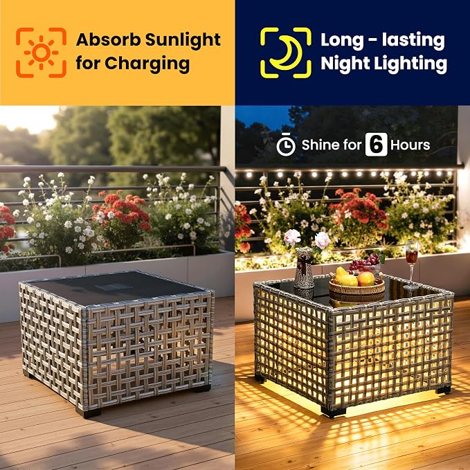 ovios Outdoor Side Table with Tempered Glass Top, Patio Wicker Solar Table, Rattan Bistro End Table for Porch Deck Balcony Garden Poolside, Mixed Brown