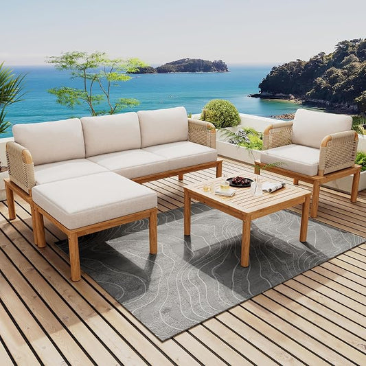 VilroCaz Outdoor 5-Piece Acacia Wood and Rope Patio Sofa Set, All-Weather Conversation Set with Coffee Table and Thick Cushions for Garden Backyard Balcony (Teak+Beige-4P)