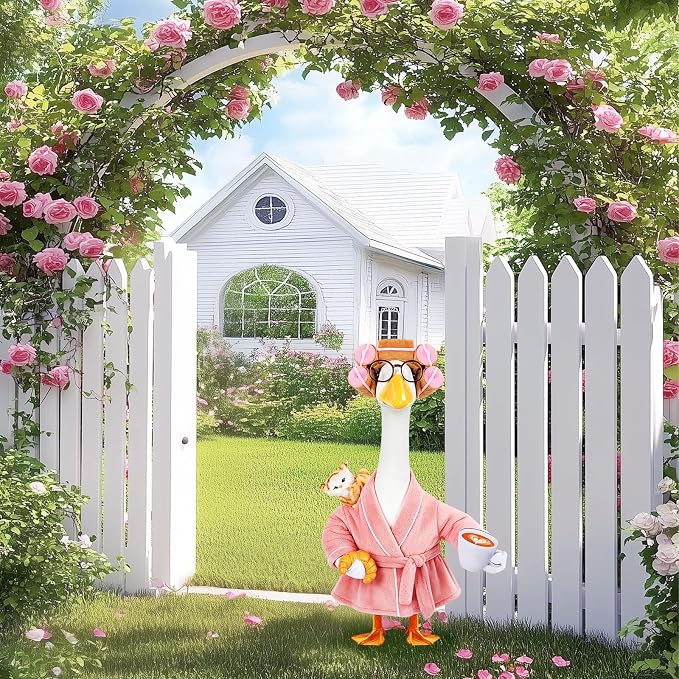 GJL Lady Porch Goose Outfits Bathrobe for 23 Inch Plastic Cement Lawn Goose Statue,Porch Goose Robe Costume with Curlers Glasses Coffee Cup Bread Cute Cat for Spring Summer Yard Garden Patio Decor