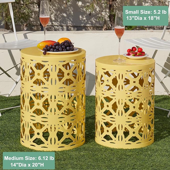 Y&M Outdoor Side Tables Set of 3, Metal Nesting Patio Side Tables for Outside, Decorative Garden Stool Plant Stand for Patio Garden Balcony Porch-Yellow