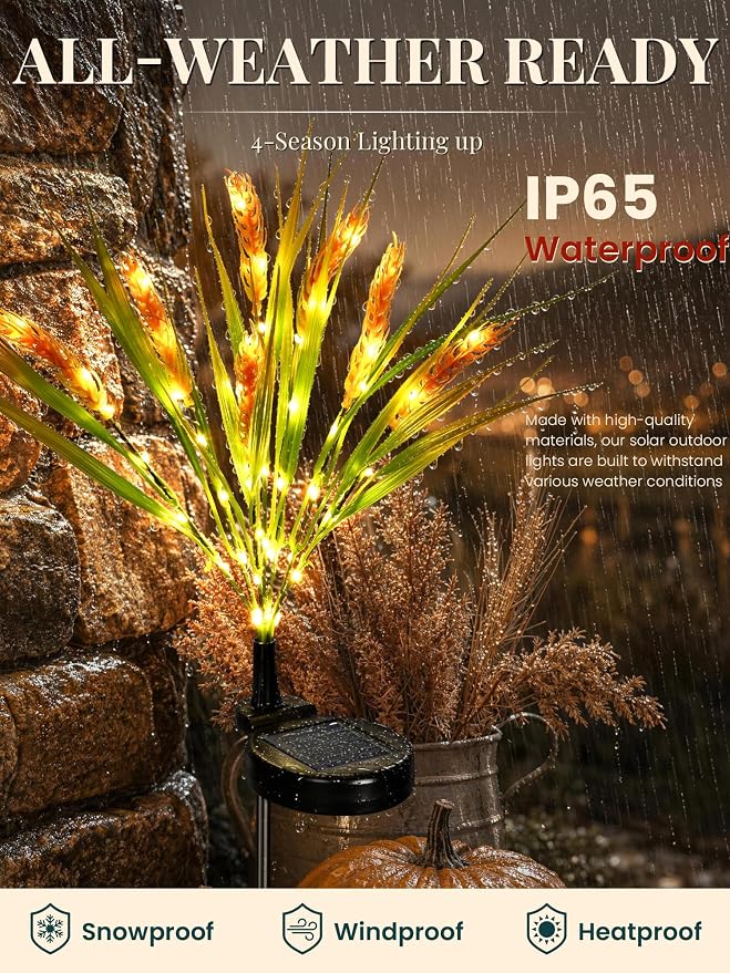 GIGALUMI 3 Pack Solar Wheats Outdoor Fall Decor, 2 Modes, Yellow | Flower Lights, IP65 Waterproof, Auto On/Off, Solar Powered, Garden Decor, for Pathway, Yard, Patio, Gardening Gifts for Women
