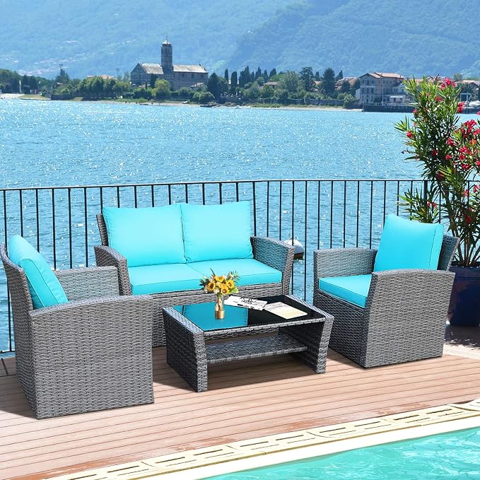 HAPPYGRILL 4-Pieces Patio Rattan Furniture Set Outdoor Conversation Set with Cushions and Coffee Table, Sectional Wicker Sofa Set for Garden Porch Balcony Poolside