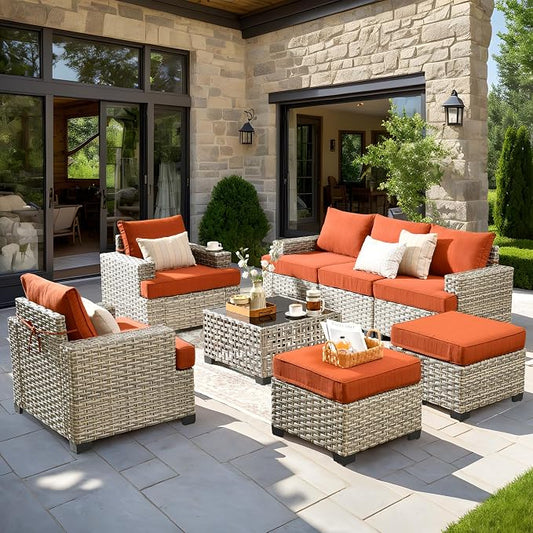 8 Pcs Outdoor Sectional Patio Furniture Set with Ottomans - All Weather Wicker Modular Outside Sectional Couch,Patio Seating Outdoor Conversation Sets for Deck Yard Garden,Orange Red