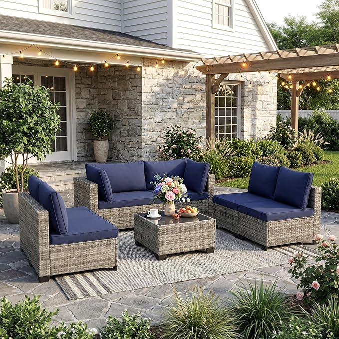 ANJ 7 Piece Outdoor Wicker Patio Furniture Set, Modular Loveseat Sofa with with Glass Top Coffee Table, All-Weather Rattan Conversation Couch Set for Balcony, Backyard, Light Grey Wicker-Blue