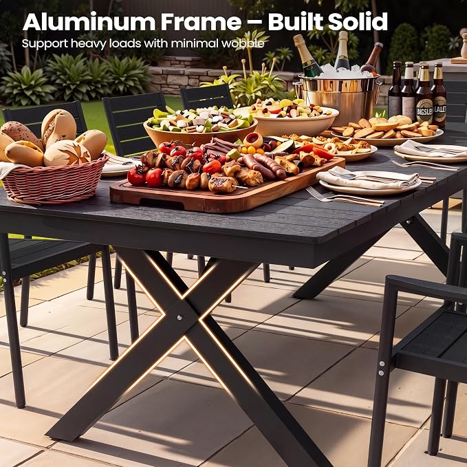 Pellebant Aluminum 13-Piece Outdoor Dining Table Set for 8-12 Person | Patio Stackable Chair with U-Shaped Wicker Backrest, 118" Table with Wood-Grain Top & Umbrella Hole, Aluminum Frame Furniture