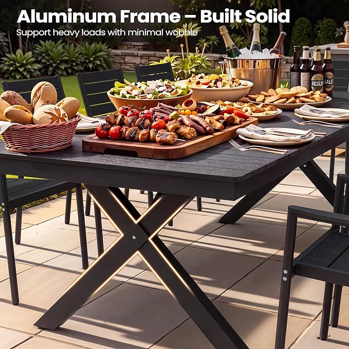 Pellebant 94" Outdoor Dining Table for 8-10, 8ft Aluminum Patio Table with Umbrella Hole, Weather Resistant Black Wood Grain Tabletop and Sturdy Frame for Deck, Porch, Backyard