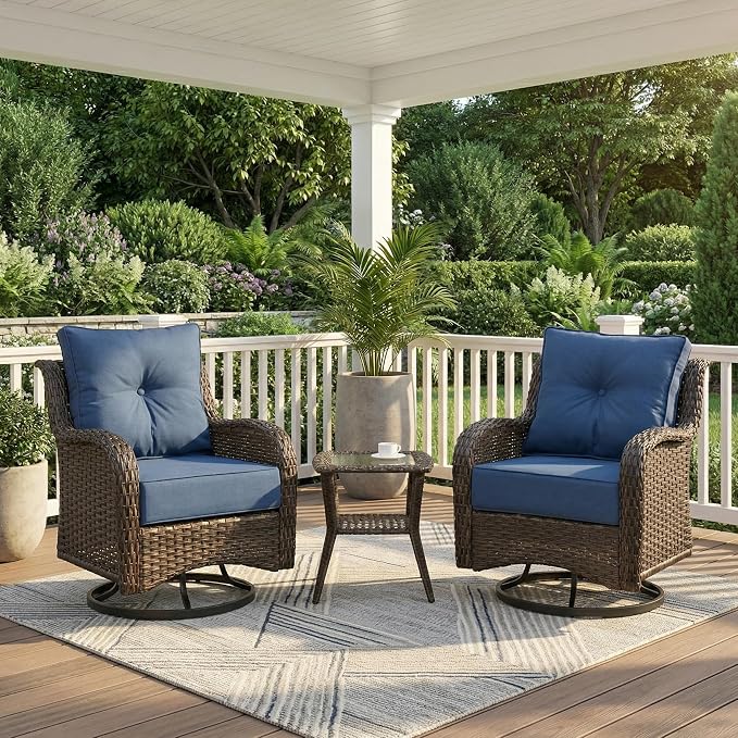 Patio Furniture Set, 3PCS Outdoor Wicker Conversation Set Porch Furniture with 6" Thick Cushions, High Back Swivel Chairs, Weather Resistant Olefin Fabric for Garden, Poolside, Navy Blue