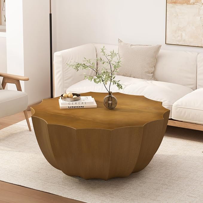35.43" Round Outdoor Coffee Table, Durable MgO Cement Design – Waterproof for Patio, Garden & Living Room, Stylish & Low-Maintenance (Natural-12-35.43")