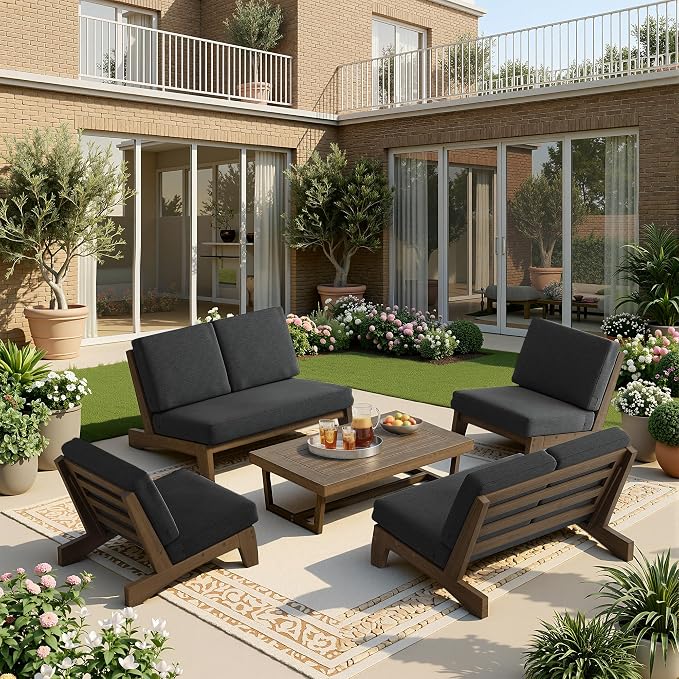 5 Pieces All Weather Wood Patio Furniture Sets, 2 Patio Loveseat, 2 Patio Bistro Chair, Outdoor Sectional Sofa Furniture Backyard Conversation Set with Coffee Table - Dark Gray
