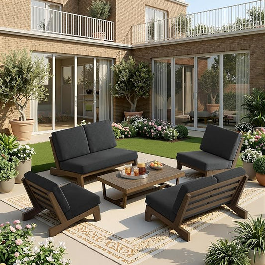 5 Pieces All Weather Wood Patio Furniture Sets, 2 Patio Loveseat, 2 Patio Bistro Chair, Outdoor Sectional Sofa Furniture Backyard Conversation Set with Coffee Table - Dark Gray