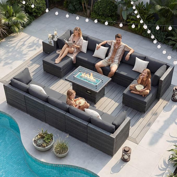 NICESOUL 13 Piece Contemporary Patio Furniture Set with Firepit Table Natural Gas/Propane, 29.3'' High Backrest Outdoor Sofa Conversations, 9 Seats Deep Wide Seating Wicker Sectionals, Dark Gray
