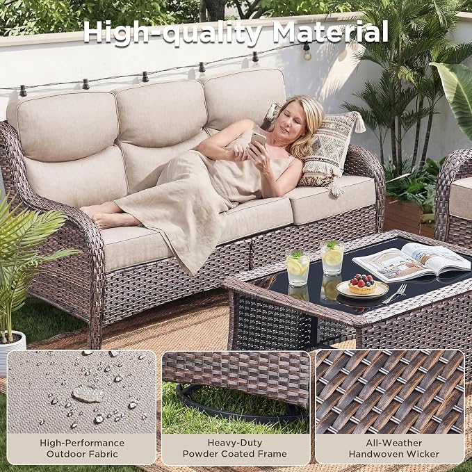 Luxury 8 Pieces Outdoor Patio Furniture Set-All Weather Wicker Swivel Rocker Patio Chairs with 6" Thick Cushion Rattan Sofa Coffee Table, Outdoor Conversation for Garden Porch Backyard(Brown/Beige)