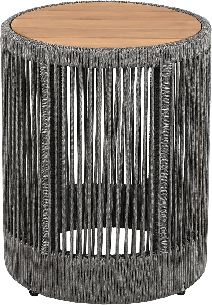 Outdoor Rattan Rope & Acacia Wood Side Table - Patio Balcony Furniture for Garden, Yard, Balcony - Weather Resistant(Rope Grey, Natural Iron)