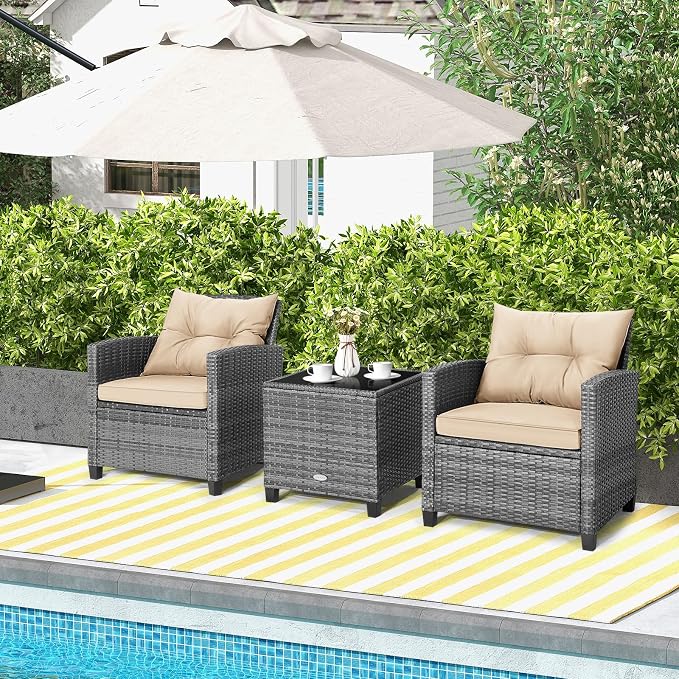 ORALNER 3 Pieces Patio Furniture, Outdoor Wicker Conversation Set Chairs with Soft Cushions and Glass Coffee Table, Mix Gray Rattan Bistro Set for Balcony Garden Deck Front Porch Poolside (Beige)