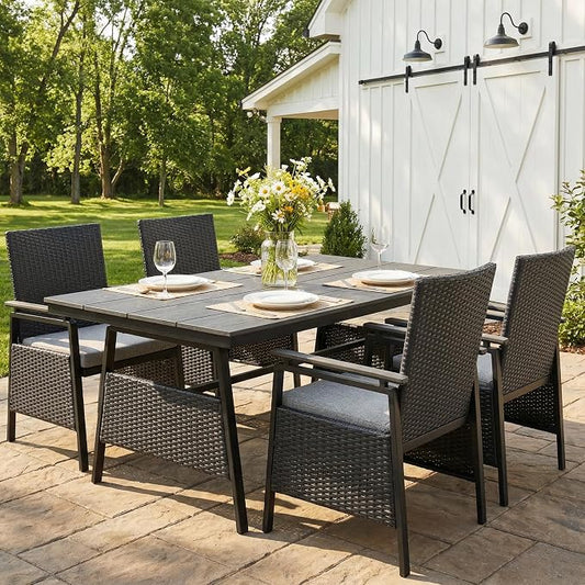5 Piece Patio Dining Set, Outdoor Dining Table Set for 4, Aluminum Outdoor Dining Sets with Removable Cushions, Space Saving Rectangular Dining Table and Patio Chairs for Balcony/Deck, Black