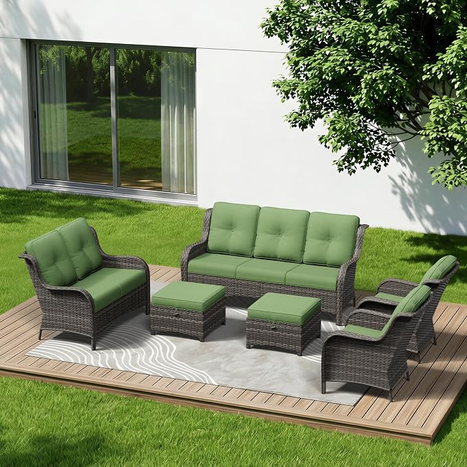 6 Piece Outdoor Wicker Patio Furniture Set, Patio Chairs Set with Thickened Olefin Cushions, High Back and Deep Seating, Hand-Woven PE Rattan, Ottoman for Porch, Deck