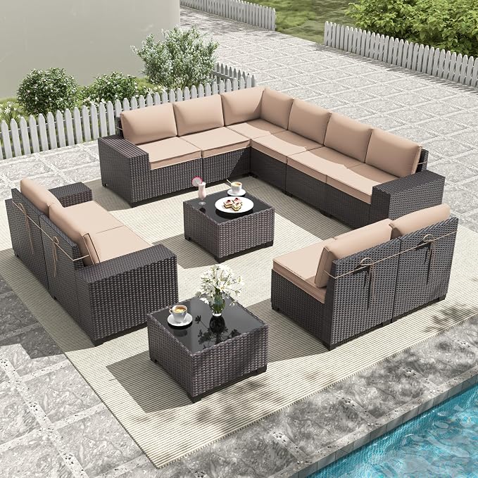 Gotland 12 Pieces Patio Furniture Set, Wicker Outdoor Sectional with Wide Armrests 29.5'' High Backrest 4'' Thick Waterproof Cushions, Oversized Patio Furniture for Deck Garden Khaki